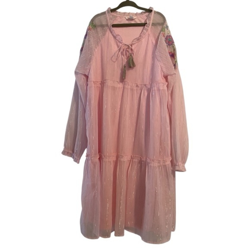 Point Cove Girls Age 9-10 Pink Floral Embroidered Metallic Dress Boho Spring